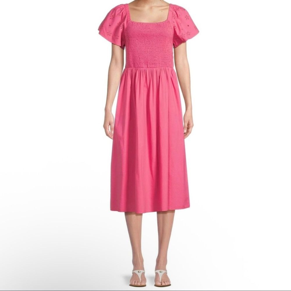 Beachlunchlounge Pink Smocked Midi Dress with Puff Sleeves. Women’s XL